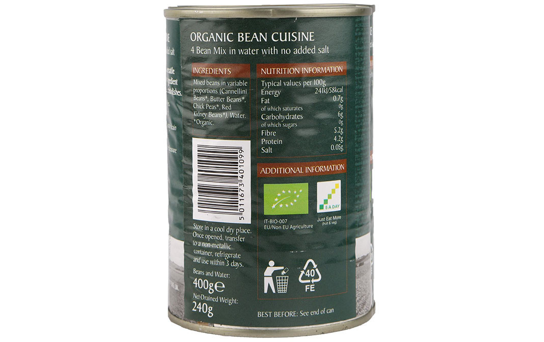 Epicure Organic Bean Cuisine 4 Bean Mix In Water With No Added Salt   Tin  400 grams